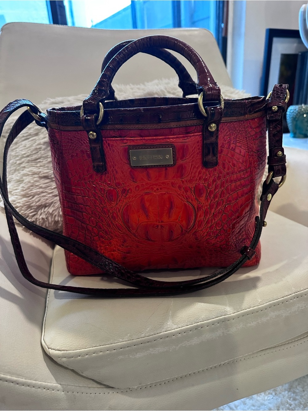 Brahmin Red Embossed Croc Crossbody Satchel with Dark Trim